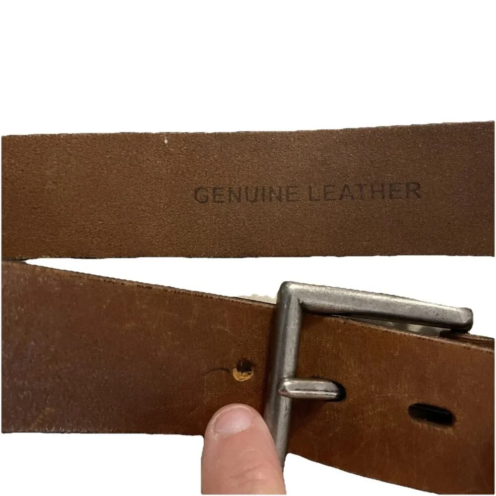 Vintage Distressed Brown Leather Belt Silver tone Non-magnetic‎ Buckle 42x1.5”